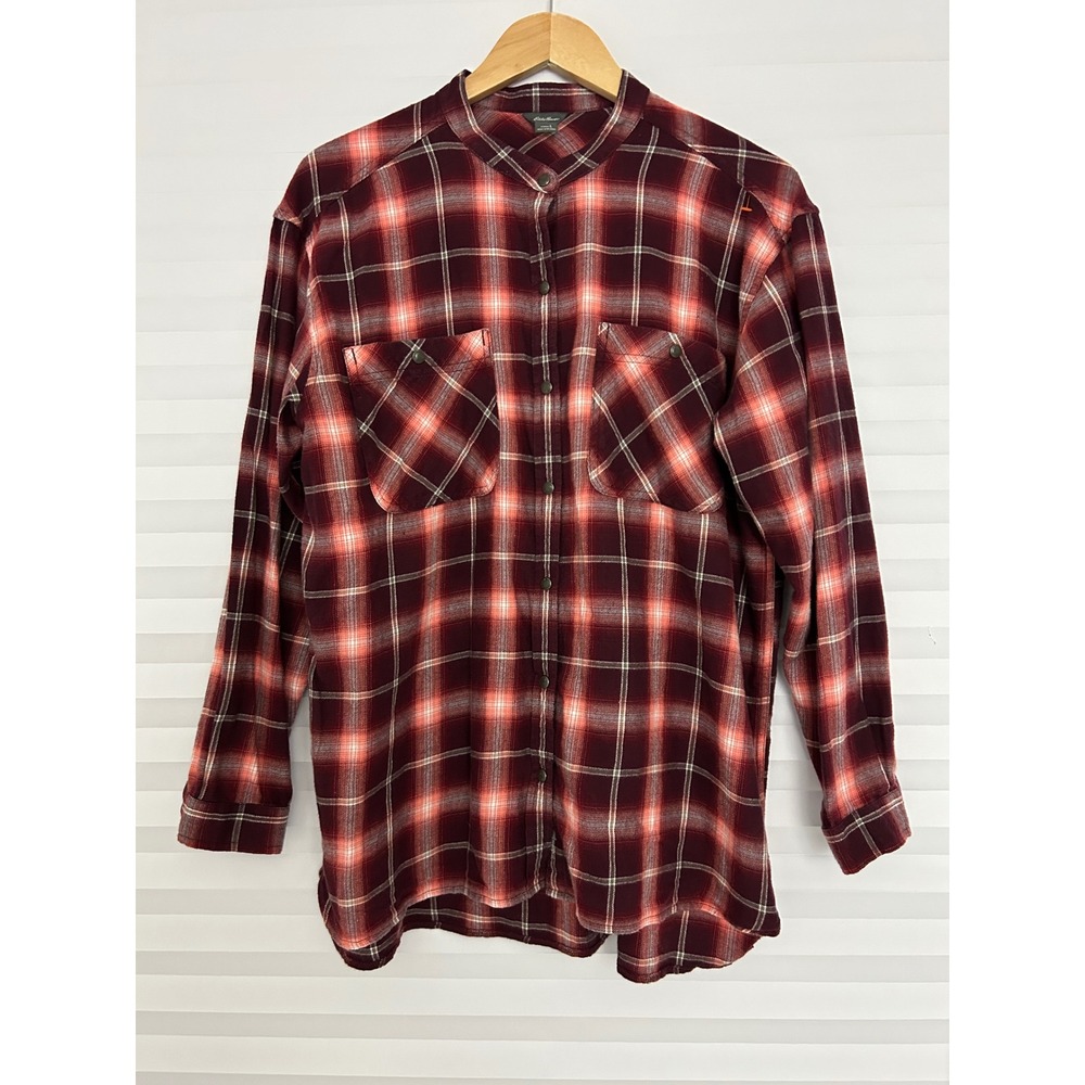 Eddie Bauer Womens Large Plaid Flannel Shirt Burgundy‎ Cotton Tencel Band Collar